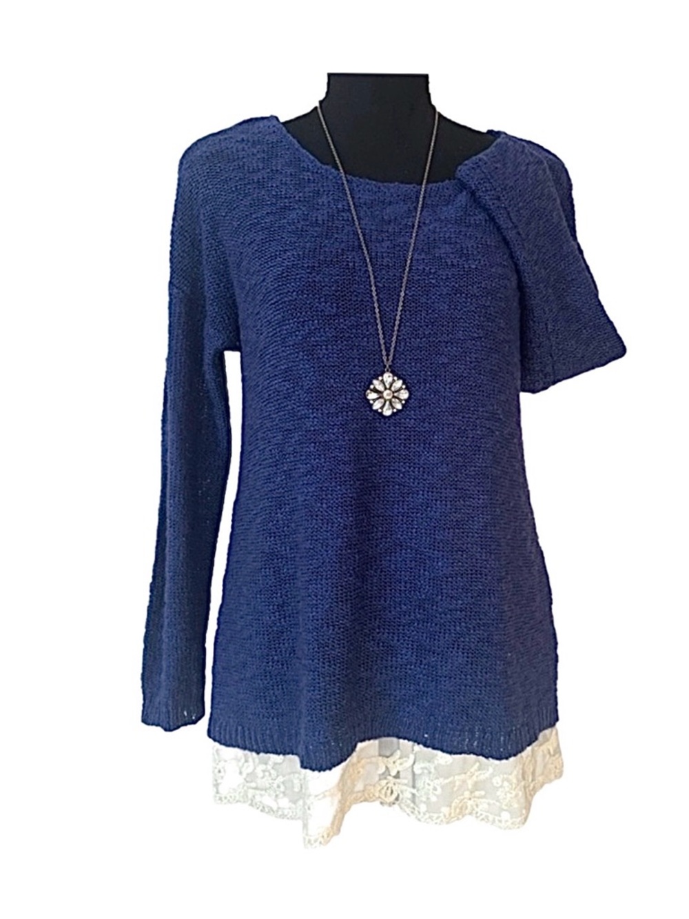 #1 HIPPIE ROSE ~ Navy Blue Lightweight Knit Sweater with Lace Hem Detail size M